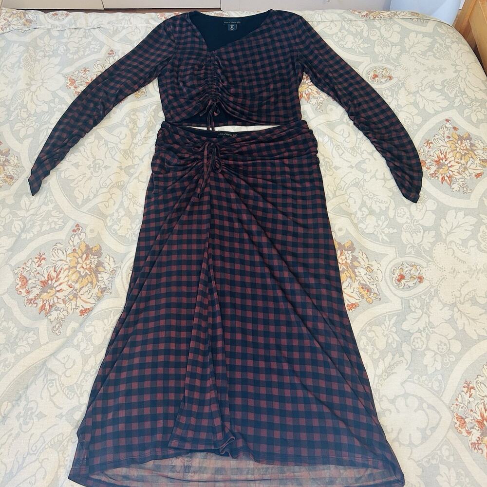 House Of Harlow Midi Skirt Blouse Outfit L Black Check Stretch Shirred 2 Piece - Picture 5 of 15